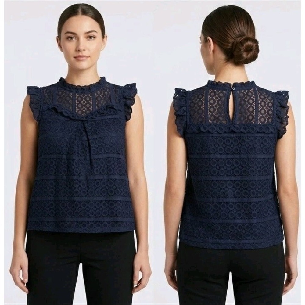 Monteau Los Angeles Lace Ruffle Blouse Large Navy Blue Sleeveless Mock Neck Top